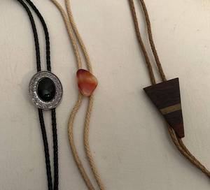 Bolo Ties (Lot of 3) - Black Cabochon Medallion, Amber Bead & Wood Triangular Pendant