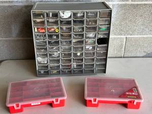Multi-Drawer Parts Cabinet with Assorted Hardware & 2 Red Storage Boxes