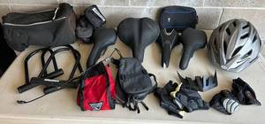 Cycling Gear Lot - Bell Helmet, Raleigh Pro Pump, 2 Saddles, Gloves & Pouches