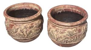 Pair of Terracotta Planter with Floral Relief - Large Outdoor Garden Pots