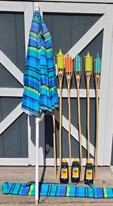 NEW 6 Colorful Tiki Bamboo Torches, 3 Fuel Bottles & Striped Beach Umbrella