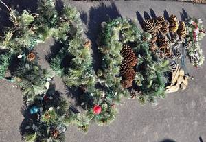 Holiday Decorating - Faux Lighted Garlands, Door Swag, Metal Angel, Pinecones on Sticks for Planters