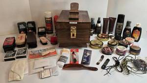 Vintage Wooden Shoe Care Box Kit with Polishes, Brushes & Accessories