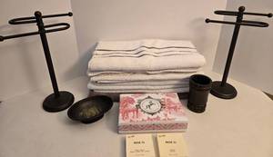 Bathroom Accessories - 2 Metal Towel Holders & 2 Soap Dishes, 7 Hand Towels, 1 Drink Cup, & Bar Soaps