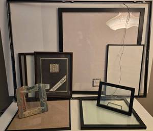 Assorted Sized Frames - 3x11x14 Wood, 28x26 Black w Plexiglass, 42x30 Metal, Handmade Ceramic