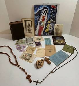 Antique King James Bible (1800s) with Rosaries, Religious Ephemera & Chagall Print