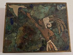 Vintage Los Castillo Style Lidded Brass and Stone Mosaic Box - 4-34 x 3-12 x 1 in