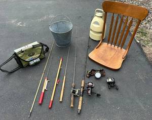 Ice Fishing Gear Brookstone Wireless Speaker, KwikDraw Tackle Storage, Handcrafted Chair, and Fishing Poles