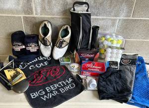 Large Golfing Lot Including New in Box Titleist Golf Balls, FootJoy Shoes, Tee Off Swing Trainer & Callaway War Bird Collectibles