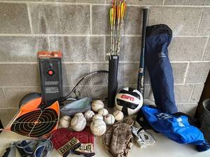 Easton Archery Arrows (6) with Champion Spinner Target, Baseballs, Gloves, ESPN Ball & Tennis Racket