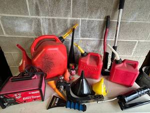 Gasoline Cans (Lot of 3) - Husky Battery Charger - 1 Pint Funnel - Finish Line Lubricant