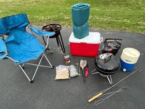Weber Kettle Grill, Coleman Cooler, Kingsford Match Light, Foam Mat, Camping Gear