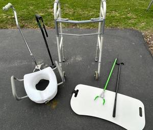 Overbed Table & Walker with 2 Canes, Toilet Seat, Grabber, Shoe Horn