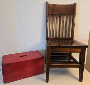 Antique Childs Wood School Desk Chair & Red Wood Step Stool