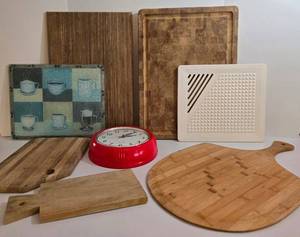 Assorted Cutting Boards - Wood, Ceramic, Plastic & Red Clock