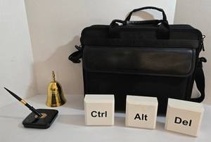 Office & Desk Set Accessories - Vintage Sheaffer Pen, Brass Bell, Ctrl Alt Del Blocks & Targus Laptop Bag