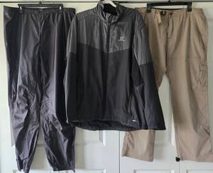 Salomon Fleece Lined Windbreaker Jacket - Outdoor Research Wind Pants - Prana Cargo Pants