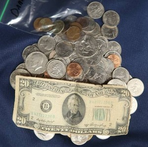 COLLECTABLE 1950S- 20 DOLLAR BILL AND COINS