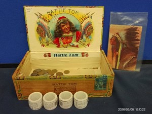 VINTAGE HATTIE TOM CIGAR BOX, 4 ROLLS OF FOREVER STAMPS, INDIAN POST CARD, AND WHEAT PENNIES