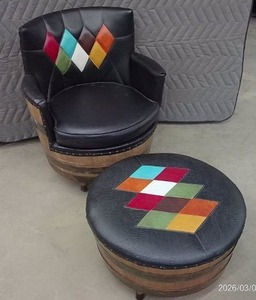 RARE VINTAGE WHISKEY BARREL CHAIR AND OTTOMAN