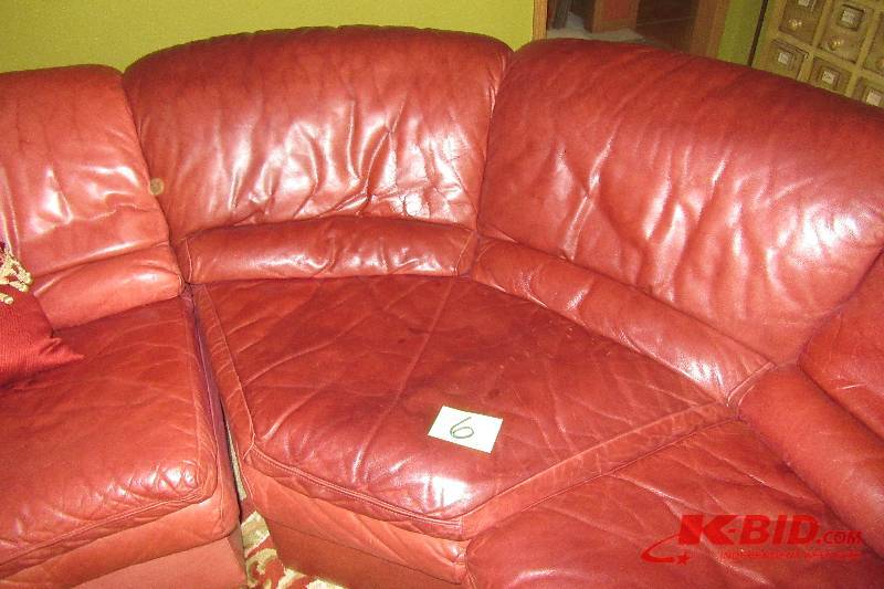 lot 6 image: Red Leather Sectional corner Couch system