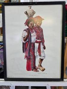Vintage Framed Lithograph With Traditional Mayan Clothing