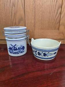 Vintage Delft-Style Windmill Canister and Pfaltzgraff Villa Flora Handled Bowl