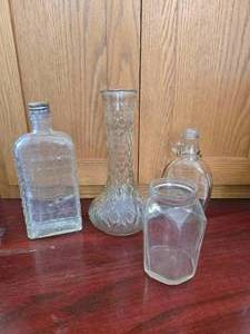 Vintage Glass Clear Bottles (3) and one vase
