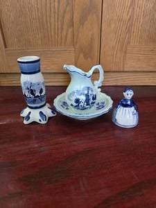 Delft Blue Mini Porcelain Bell Dutch Lady, Pitcher and Basin Set, Delft Blue Bud Vase