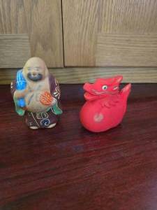 Japanese Ceramic Red Dragon, Japanese Kutani Porcelain Figure of Hotei