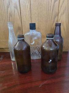 Vintage Glass Bottles 3 Brown 2 Clear