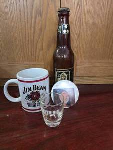 Jim Beam Mug, Willy Nelson Button, Nude Beer Bottle