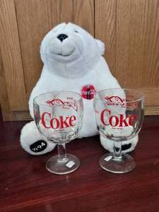 1994 Coke Bear & 2 Coke Glasses