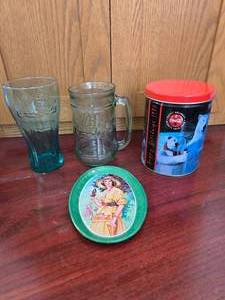 2 Coke Glasses,  Tin and Coke Tiny Plate