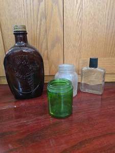 Old Log Cabin Syrup Bottle, 3 Other Glass Jars
