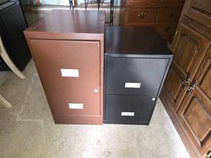 Brown and Black Metal Filing Cabinets