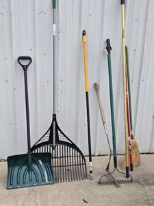 Ames, True Temper, and Other LawnGarden Tools Including Shovel, Leaf Rake, and Broom