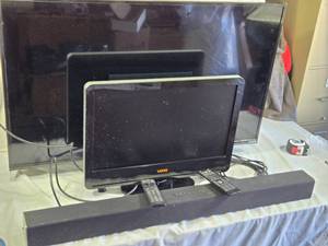 Vizio D43n-E4 TV, Vizio E320VA TV, and Vizio Sound Bar with Remotes and Accessories