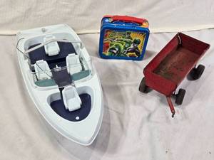 Plastic Toy Boat, Power Rangers Lunchbox, and Ertl Toy Wagon