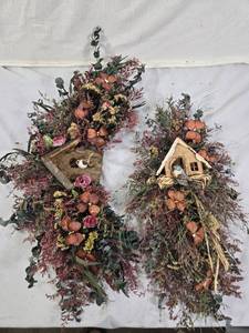 Decorative Birdhouse and Floral Arrangements