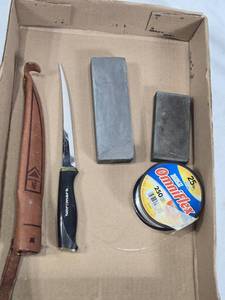 Rapala Normark Fillet Knife, Zebco Omniflex Fishing Line, and Sharpening Stones