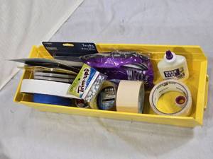 Assorted Hardware and Adhesive Supplies including Wood Glue, Felt Pads, and Duct Tape