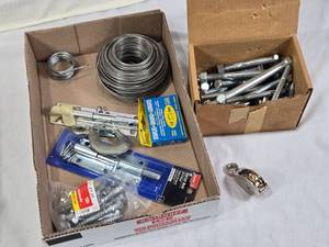 Assorted Hardware and Fasteners including Bolts, Wire, and Hinges