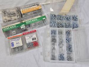 Assorted Hardware Fasteners Collection including Sheet Metal Screws, Stove Bolts, and Plastic Anchors