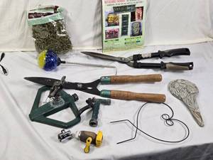 Gardening Tools and Accessories Lot including Flexi-Flowa-Planta Planter, Garden Shears, and Sprinkler
