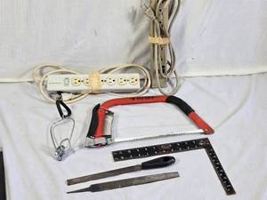 Assorted Tools and Accessories including Husky Hacksaw, Files, Speed Square, Extension Cords, and Power Strip
