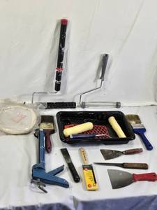 Painting and Decorating Tools including Rollers, Brushes, and Scrapers