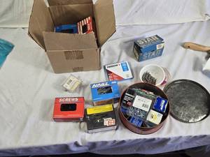 Boxes of Various Nails, Screws, and Staples