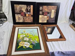 Framed Abstract Art, Floral Print, and Mirror Set - Earthy Tones and Wildflower Motifs