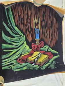 Velvet Artwork Depicting Candle, Book, and Drapery with Red Bow - Rolled up